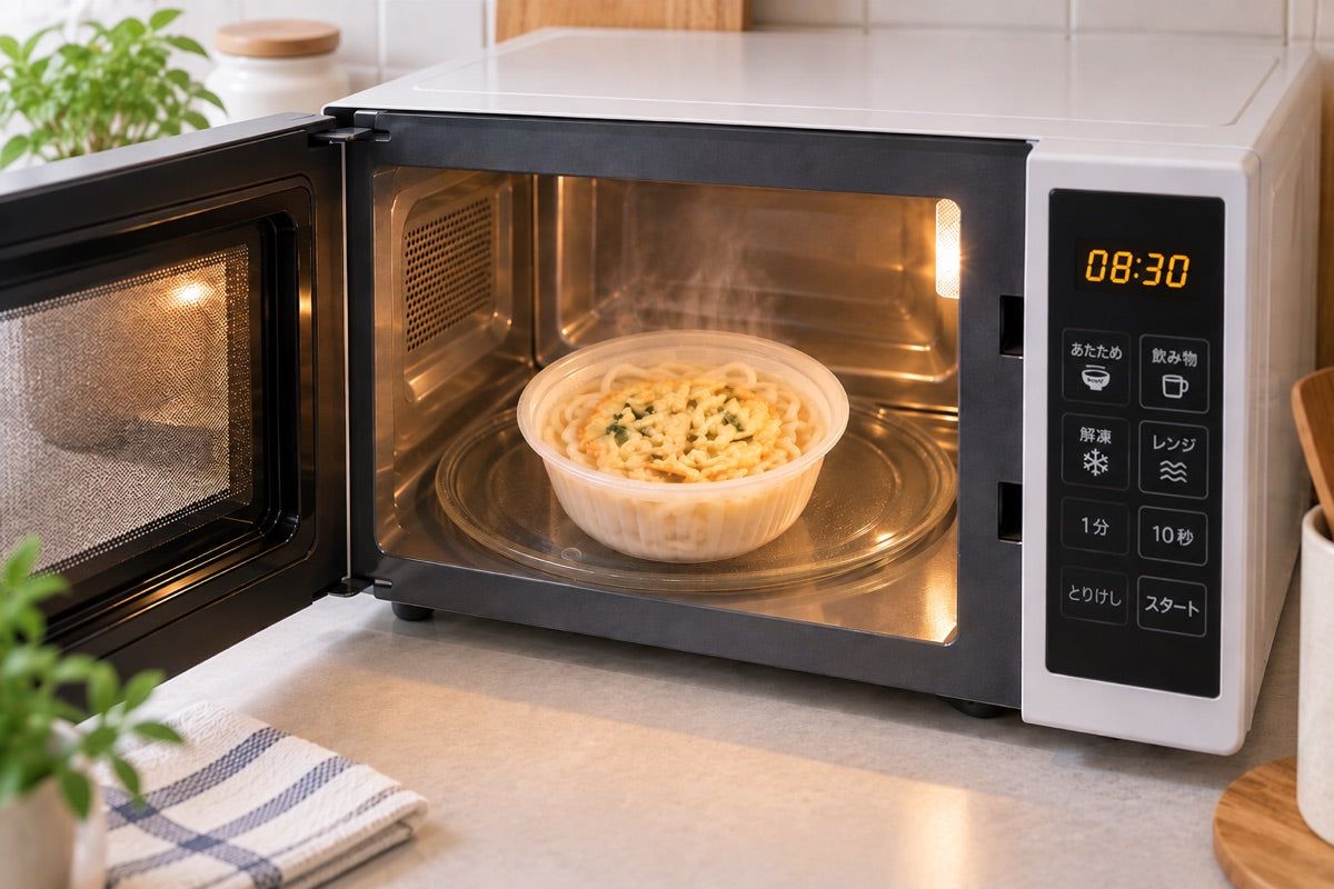 電子レンジで温めている讃岐うどんのカップ